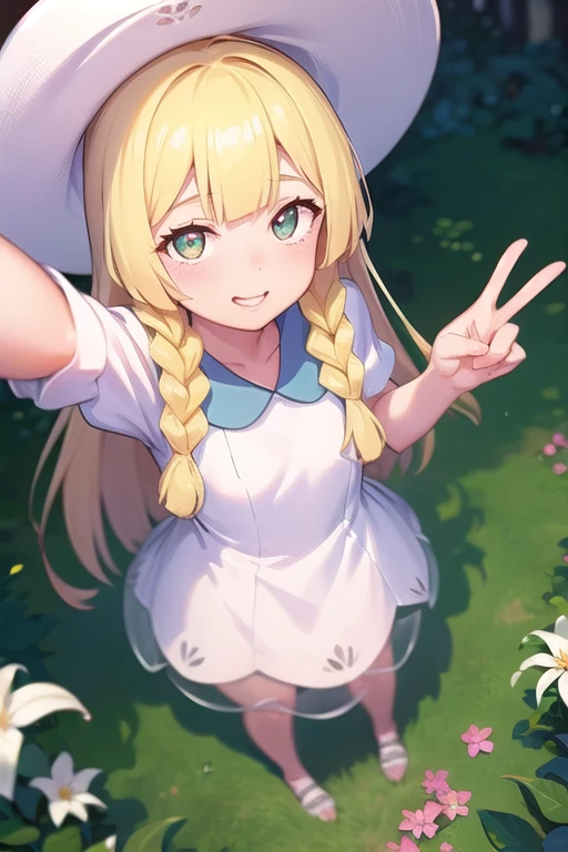 1 girl, masterpiece, top quality, lillie (pokemon), lillie, dress, green eyes, blonde hair, long hair, white dress, blush, white hat, big hat, selfie, selfie from above, peace sign, looking at viewer, , braids, twin braids, blonde, Full body image, outdoors, nature, sky, cute, happy, nice smile, young, bright sunlight, lily flower, have flowers, white lily, (masterpiece:1.2), best quality, high resolution, unity 8k wallpaper, (illustration:0.8), (beautiful detailed eyes:1.6), extremely detailed face, perfect lighting, extremely detailed CG, (perfect hands, perfect anatomy),