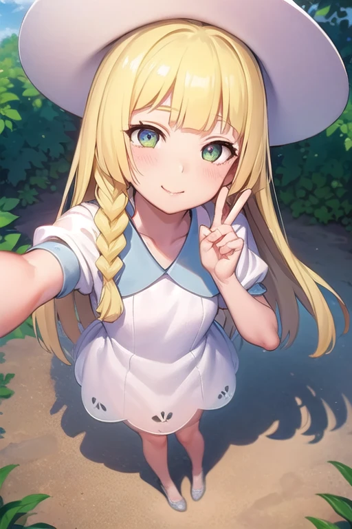 1 girl, masterpiece, top quality, lillie (pokemon), lillie, dress, green eyes, blonde hair, long hair, white dress, blush, white hat, big hat, selfie, selfie from above, peace sign, looking at viewer, , braids, twin braids, blonde, Full body image, outdoors, nature, sky, cute, happy, nice smile, young, bright sunlight, lily flower, have flowers, white lily, (masterpiece:1.2), best quality, high resolution, unity 8k wallpaper, (illustration:0.8), (beautiful detailed eyes:1.6), extremely detailed face, perfect lighting, extremely detailed CG, (perfect hands, perfect anatomy),