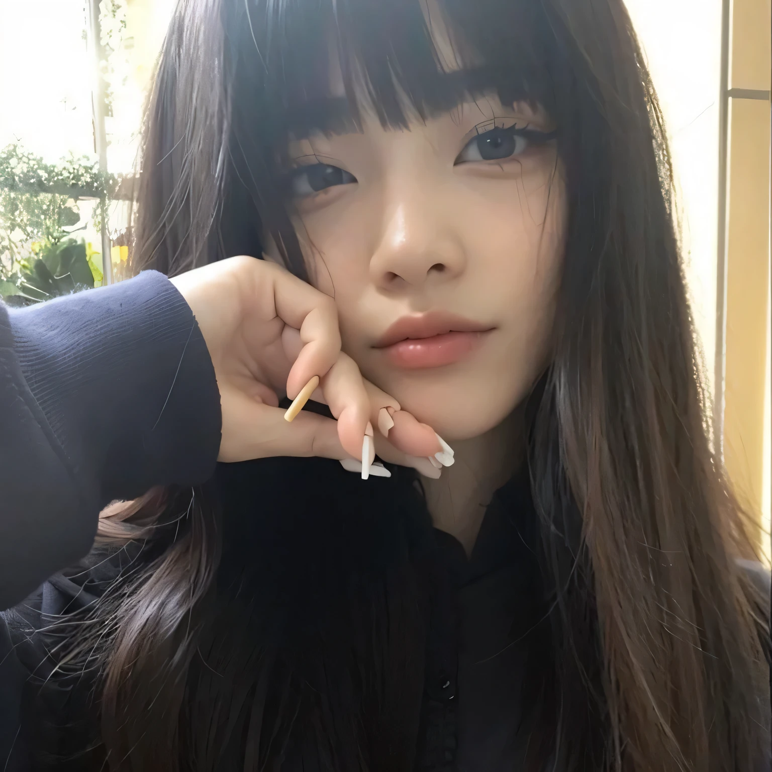 Close-up of a woman with long hair and cigarette, Ela tem cabelo preto With bangs, Ulzzang, With bangs completa, Larisa Manovar, With bangs,  Korean, cabelo arrumado With bangs, Young and pretty Asian face, cabelo comprido With bangs completa, cabelos longos With bangs, Young and adorable Korean face, pale, Round face, young asian girl