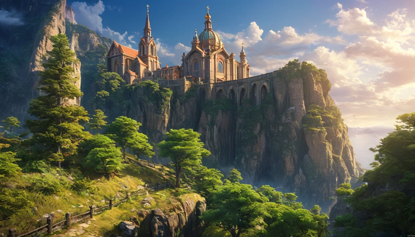 (anime, fantasy), (best quality, high resolution, depth of filed, HDR:1.2), (A majestic church lies alone on the edge of a prime cliff, grand architecture, rocky cliff, cloudy sky, from final fantasy x), fantastical landscapes, vibrant colors, majestic, dark enchanted, dangerous atmosphere, magical atmosphere, beautiful, extremely detailed, intricate, delicate, serene fantasy, light filtering through the trees, bokeh, cinematic lighting, 8k, high quality