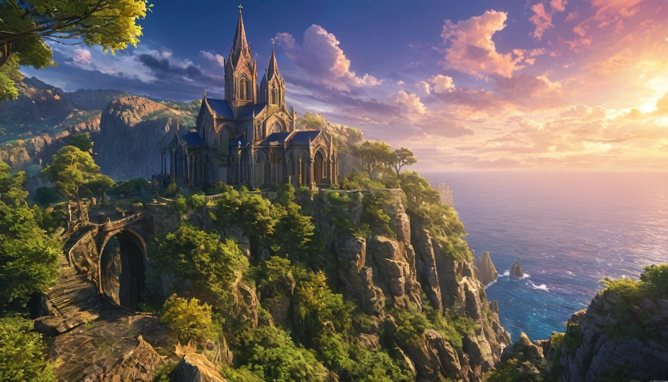 (anime, fantasy), (best quality, high resolution, depth of filed, HDR:1.2), (A majestic church lies alone on the edge of a prime cliff, grand architecture, rocky cliff, cloudy sky, from final fantasy x), fantastical landscapes, vibrant colors, majestic, dark enchanted, dangerous atmosphere, magical atmosphere, beautiful, extremely detailed, intricate, delicate, serene fantasy, light filtering through the trees, bokeh, cinematic lighting, 8k, high quality