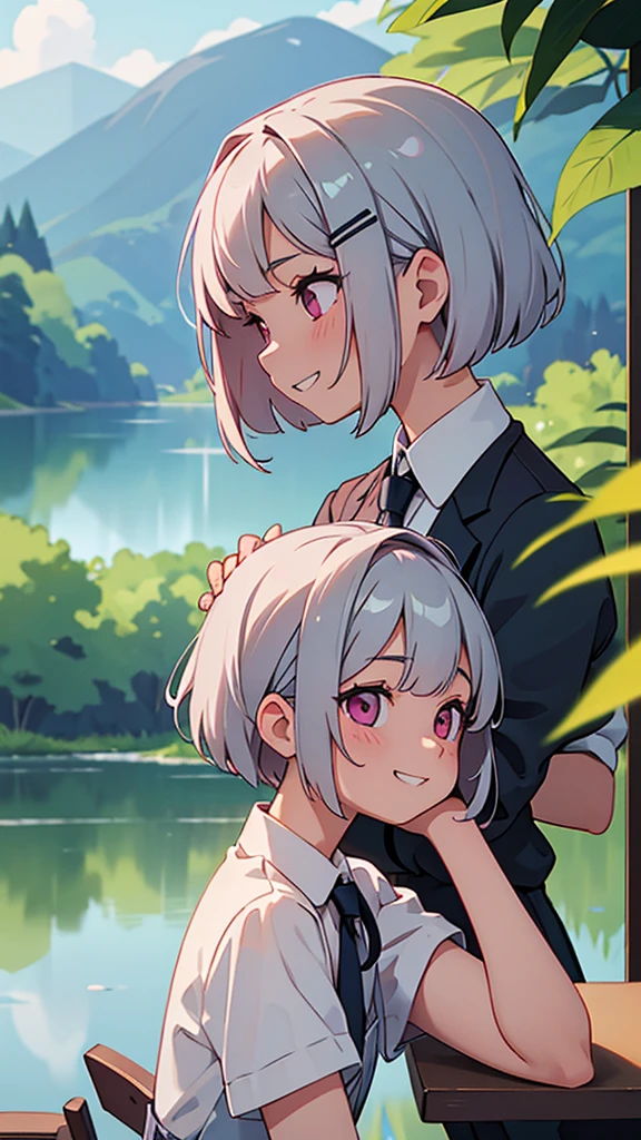 (Highest quality,masterpiece,Surreal), (Professional photography:1.2), 1 Girl、One person, Silver short hair and bob hair、Tie your hair up with a hair clip、Pink Eyes、Grin、profile、Upper body close-up、Cafe next to the lake