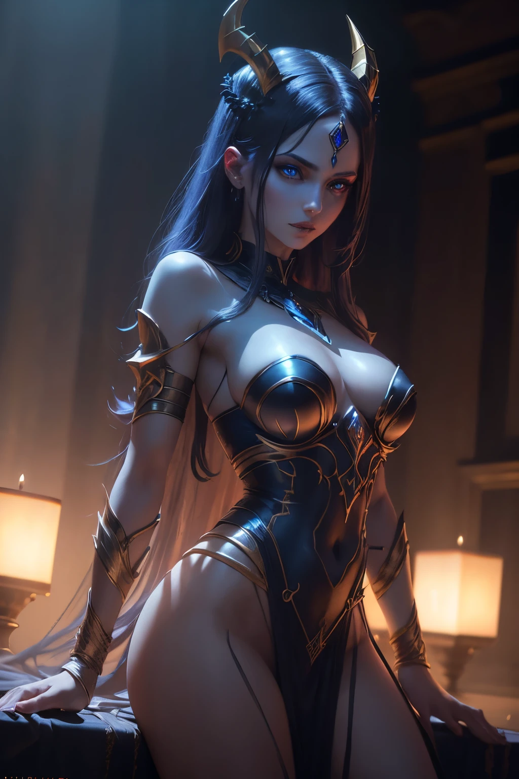 demonic goddess, astarte, mysterious and ominous, glowing blue eyes, graceful yet sinister pose, dramatic lighting, moody and atmospheric, cinematic camera angle, (best quality,4k,8k,highres,masterpiece:1.2),ultra-detailed,(realistic,photorealistic,photo-realistic:1.37), volumetric lighting, golden hour