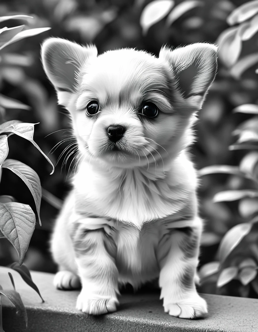 Generate a prompt for another AI to create grayscale images for coloring, themed around cute animals including dogs, cats, and birds.