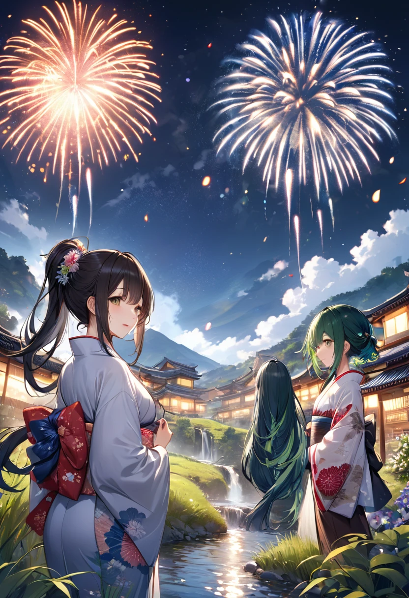 (in the night Countryside Tian Ying), (detailed background is Beautiful stream, full moon and many detailed fireworks), (back style 8 girls, in a kimono), (1 blue long hair, 1 silver long hair, 1, ponytail green hair, 1 brown bob short hair, 1 brown long hair, 3 black long hair), BREAK, perfect anatomy, masterpiece, best quality, 16k, beautiful detailed grow, daydreaming expression.