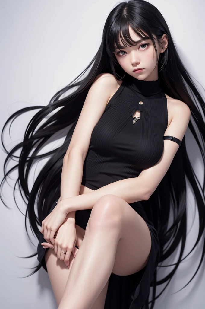 An anime girl, full body image, long black hair, blue dark eyes, a soleem and serious expression, arms crossed, facing foward, and completely white background. The image must not cut any parts of her body.