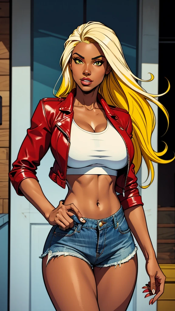 Brazilian ebony girl. She wears a denim short, white top, red leather jacket.Long straight yellow hair. . Most beautiful woman in the world. Comic style. Dark skin