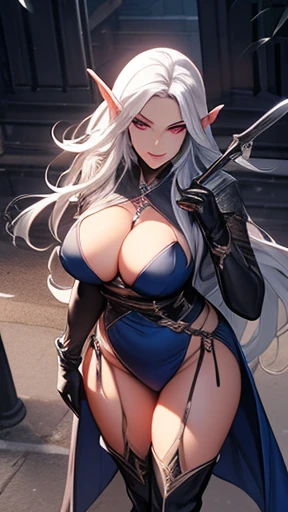 Mature Woman,(Food,Long gloves,Thigh-high boots),(Detailed Description, High resolution,8k wallpaper,masterpiece,Highest quality,Depth of region,Anatomically accurate depiction),((Dark Elf,assassin)),((Wicked Smile)), (From above:1.1),eyelash, Beautiful Eyes),Perfect body, Thick thighs, Wide Hips,Red lips, Shadow, Villainess,latex,There is cleavage in the chest,lure,Nice hands, Perfect Fingers,(Dark blue skin),