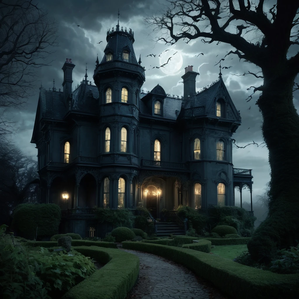 Create an incredibly atmospheric and detailed scene featuring "Adam’s Family House." Picture an eerie yet grand Victorian mansion situated on a hill, shrouded in mist and illuminated by the faint glow of a full moon. The mansion is adorned with gothic architectural elements—like pointed arches, intricate ironwork, and tall, narrow windows—each window dimly lit, casting an ominous glow.
Surrounding the mansion is a dense, overgrown garden filled with twisted, ancient trees, and strange, luminescent plants that seem to have a life of their own. A winding cobblestone path, lined with flickering lanterns, leads up to the large, ornately carved front doors.
In the foreground, a gathering of the family members—each with distinct, quirky characteristics and attire reminiscent of gothic fashion—can be seen engaging in mysterious activities. Some might be holding antique, glowing artifacts, while others are accompanied by bizarre, fantastical pets.
The sky above is stormy, with dark, swirling clouds and occasional flashes of lightning that illuminate the scene in dramatic, contrasting light and shadow. The overall color palette should be dark and moody, with deep purples, blues, and blacks, punctuated by the eerie greens and pale yellows of the mansion’s lights and garden plants.
The entire image should evoke a sense of gothic elegance and supernatural mystery, capturing the unique, otherworldly atmosphere of Adam’s Family House.