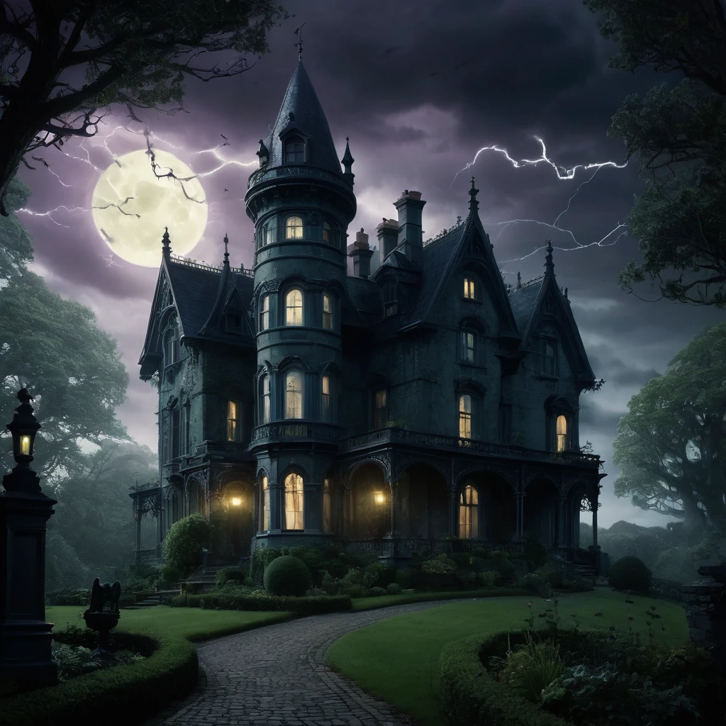 Create an incredibly atmospheric and detailed scene featuring "Adam’s Family House." Picture an eerie yet grand Victorian mansion situated on a hill, shrouded in mist and illuminated by the faint glow of a full moon. The mansion is adorned with gothic architectural elements—like pointed arches, intricate ironwork, and tall, narrow windows—each window dimly lit, casting an ominous glow.
Surrounding the mansion is a dense, overgrown garden filled with twisted, ancient trees, and strange, luminescent plants that seem to have a life of their own. A winding cobblestone path, lined with flickering lanterns, leads up to the large, ornately carved front doors.
In the foreground, a gathering of the family members—each with distinct, quirky characteristics and attire reminiscent of gothic fashion—can be seen engaging in mysterious activities. Some might be holding antique, glowing artifacts, while others are accompanied by bizarre, fantastical pets.
The sky above is stormy, with dark, swirling clouds and occasional flashes of lightning that illuminate the scene in dramatic, contrasting light and shadow. The overall color palette should be dark and moody, with deep purples, blues, and blacks, punctuated by the eerie greens and pale yellows of the mansion’s lights and garden plants.
The entire image should evoke a sense of gothic elegance and supernatural mystery, capturing the unique, otherworldly atmosphere of Adam’s Family House.