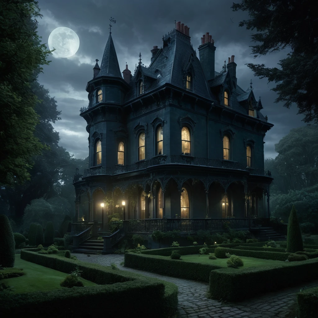 Create an incredibly atmospheric and detailed scene featuring "Adam’s Family House." Picture an eerie yet grand Victorian mansion situated on a hill, shrouded in mist and illuminated by the faint glow of a full moon. The mansion is adorned with gothic architectural elements—like pointed arches, intricate ironwork, and tall, narrow windows—each window dimly lit, casting an ominous glow.

Surrounding the mansion is a dense, overgrown garden filled with twisted, ancient trees, and strange, luminescent plants that seem to have a life of their own. A winding cobblestone path, lined with flickering lanterns, leads up to the large, ornately carved front doors.

In the foreground, a gathering of the family members—each with distinct, quirky characteristics and attire reminiscent of gothic fashion—can be seen engaging in mysterious activities. Some might be holding antique, glowing artifacts, while others are accompanied by bizarre, fantastical pets.

The sky above is stormy, with dark, swirling clouds and occasional flashes of lightning that illuminate the scene in dramatic, contrasting light and shadow. The overall color palette should be dark and moody, with deep purples, blues, and blacks, punctuated by the eerie greens and pale yellows of the mansion’s lights and garden plants.

The entire image should evoke a sense of gothic elegance and supernatural mystery, capturing the unique, otherworldly atmosphere of Adam’s Family House.