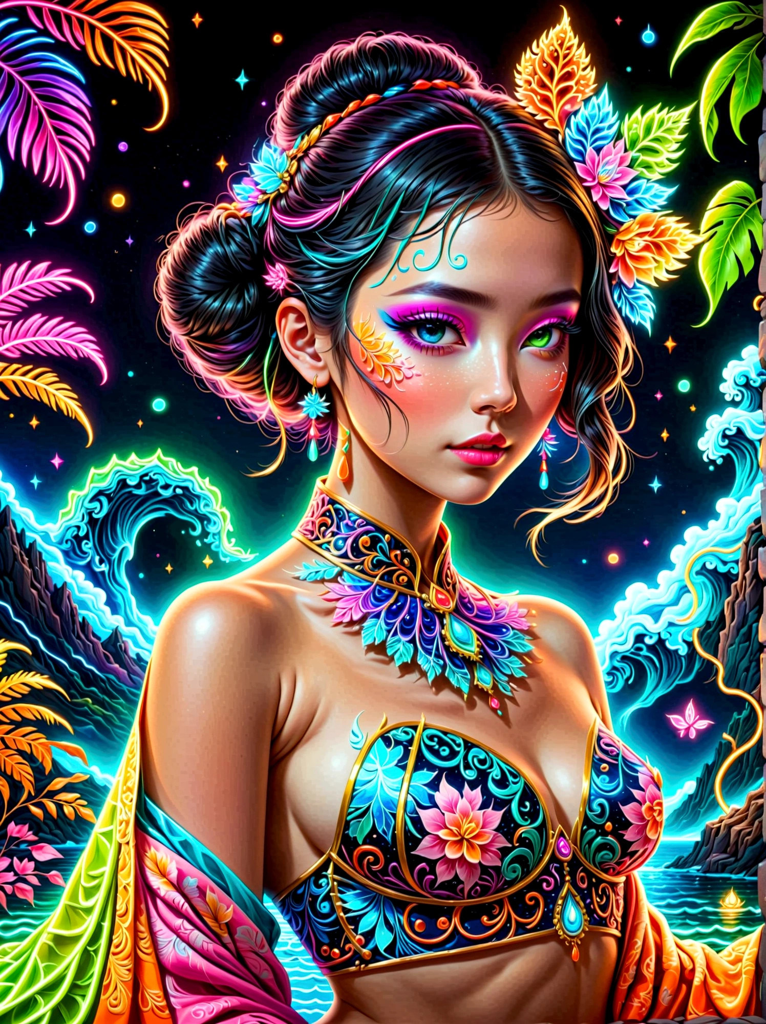 (masterpiece, Top quality, Best quality, Official Art, Beauty and aesthetics), (1girl:1.3), Extremely detailed, (Fractal Art:1.2), colorful, Highest detail, (禅绕画Neon:1.2), (Dynamic poses), (抽象的背景Neon:1.5), (Traditional clothing:1.2), (Shiny neon skin), (multiple colour:1.4), Neon, 8k, Full HD, transparent, Body painting