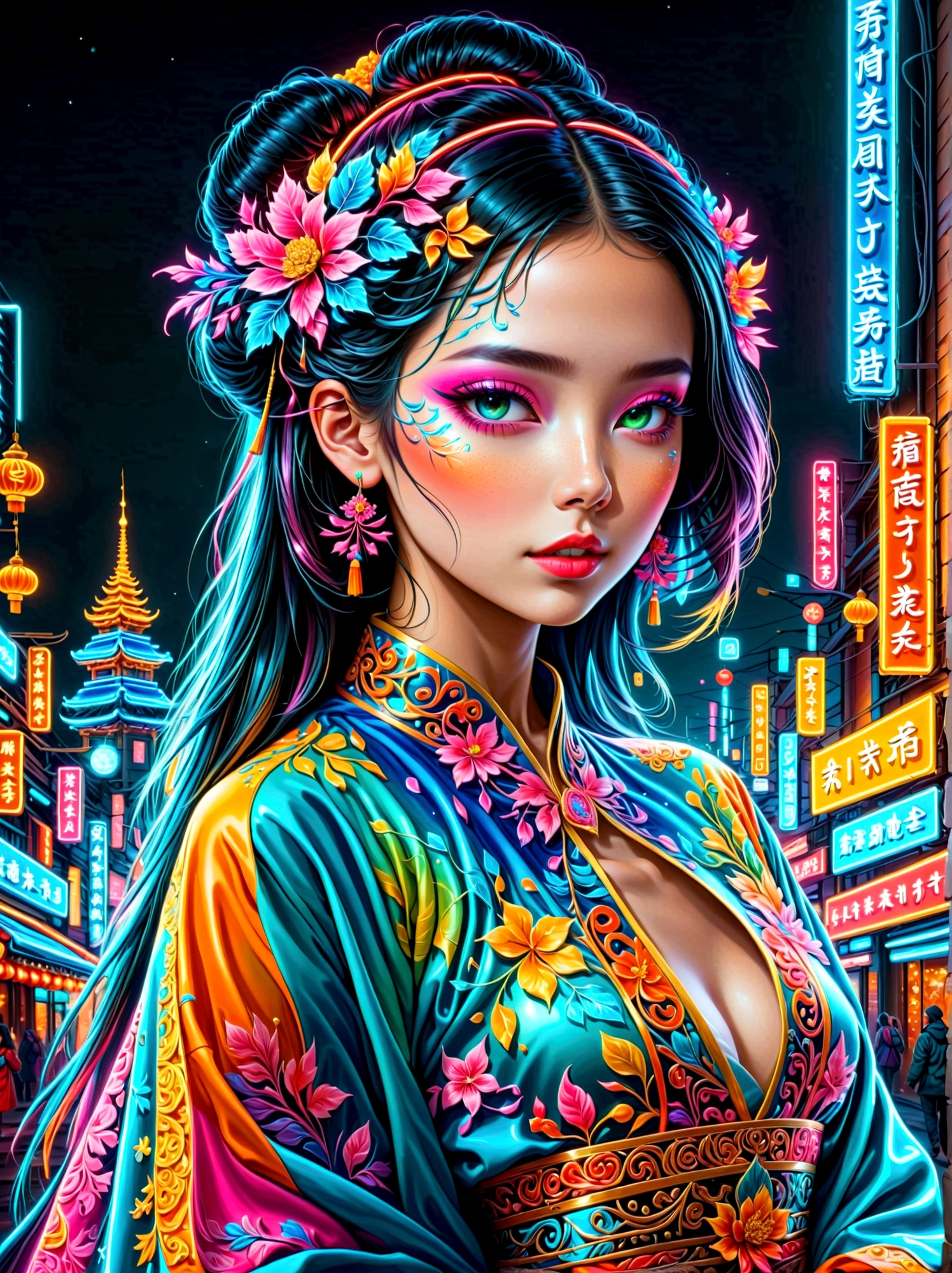 (masterpiece, Top quality, Best quality, Official Art, Beauty and aesthetics), (1girl:1.3), Extremely detailed, (Fractal Art:1.2), colorful, Highest detail, (禅绕画Neon:1.2), (Dynamic poses), (抽象的背景Neon:1.5), (Traditional clothing:1.2), (Shiny neon skin), (multiple colour:1.4), Neon, 8k, Full HD, transparent, Body painting