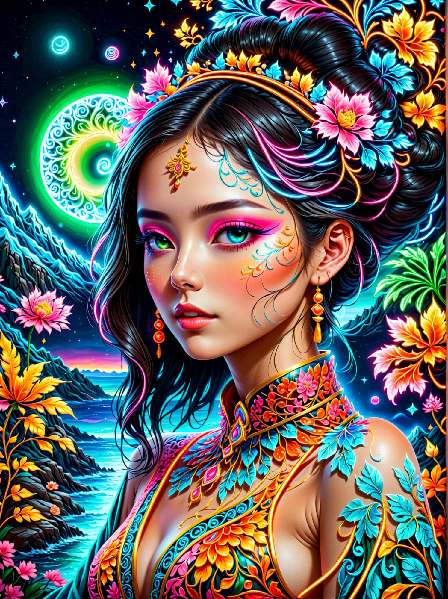 (masterpiece, Top quality, Best quality, Official Art, Beauty and aesthetics), (1girl:1.3), Extremely detailed, (Fractal Art:1.2), colorful, Highest detail, (禅绕画Neon:1.2), (Dynamic poses), (抽象的背景Neon:1.5), (Traditional clothing:1.2), (Shiny neon skin), (multiple colour:1.4), Neon, 8k, Full HD, transparent, Body painting