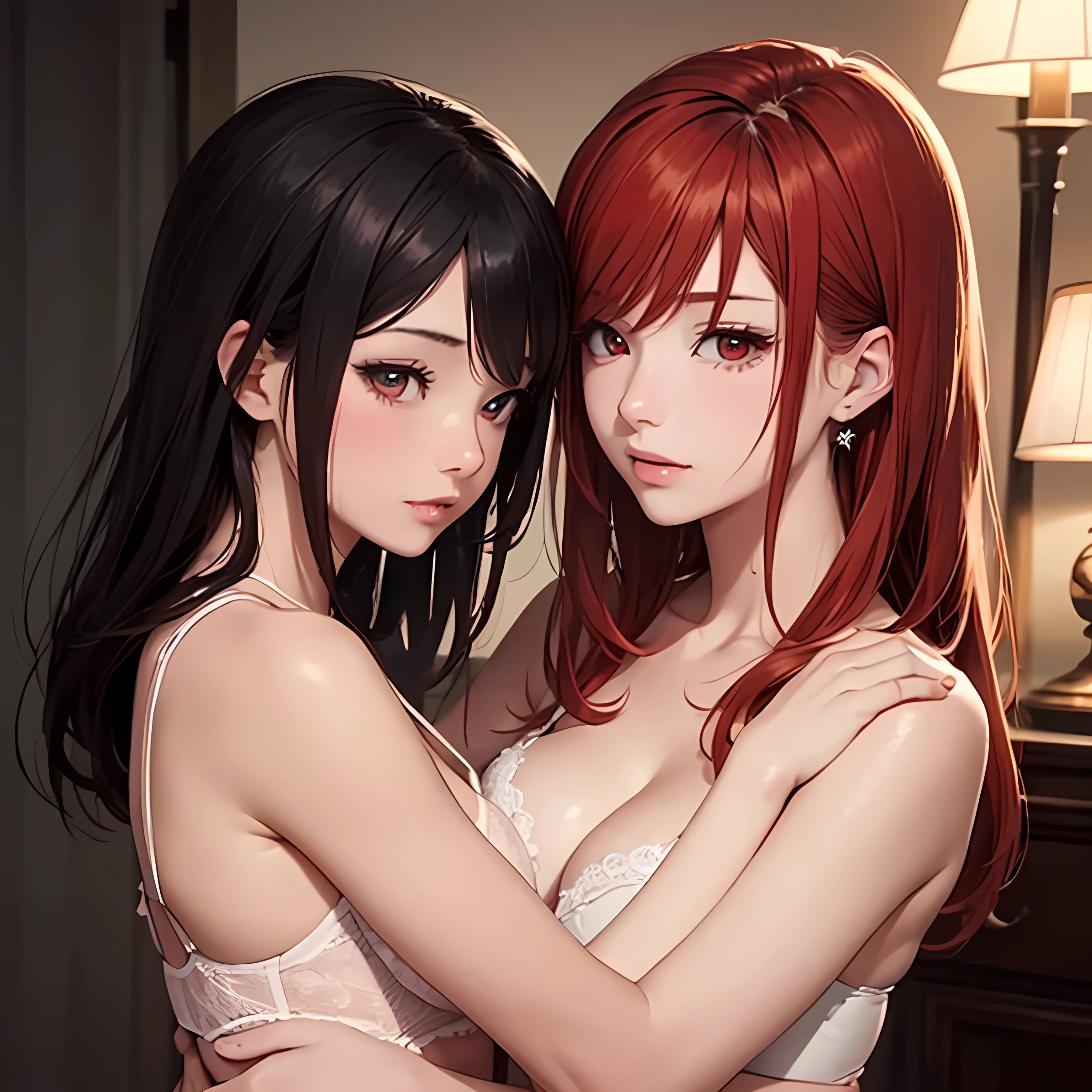 Two beautiful young women, Anime Style, Detailed face, Redhead, Red eyes, Delicate features, Soft lighting, underwear, Embrace each other, Intimate pose, One touches the other&#39;Gently wash your face, Sit on a cozy sofa, Warm and cozy living room, Relaxed affection, Dynamic pose, Japanese Anime Style, high quality, Very detailed, 8K resolution, Cinema Lighting, 最high quality, Vibrant colors, Instagrammable, beautiful, tendency