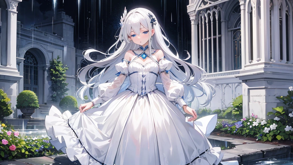 silver hair, hime cut, hair over eyes, jewelry, half-closed eyes, sad, parted lips, Renaissance, masterpiece, best quality,White Dress,Girl,blue eyes,rain,night,whole body,garden,tears