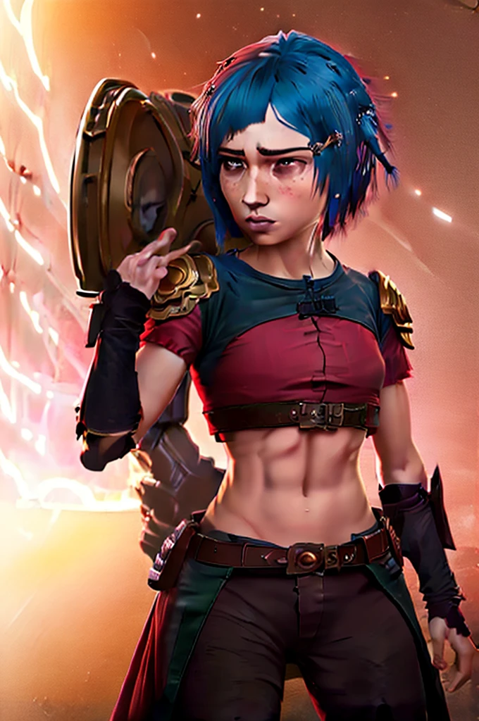 A muscular female warrior battle chasers nightwar red monika with red hair in a high ponytail, wearing a red and gold armored outfit. Her costume includes a form-fitting top and large shoulder guards, with a dark cloak around her neck. The background is dark with orange flames, adding a dramatic effect. JoeMAD2023,1girl, Red_Monica_v2, large breasts, action pose, 8k, uhd, best quality, cartoon, armor, trending on artstation, vibrant colors, epic fantasy, comic style,red hair, ancient city, toned body, abs,