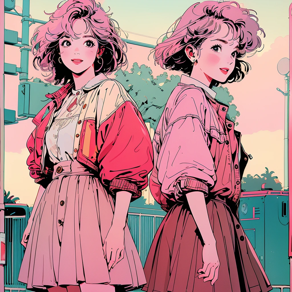 One beautiful woman, whole body, Upper Body、One beautiful woman, 4k, Warm colors , White blouse、skirt, pedestrian crossing、Signal, 、intersection、Complex background、Medium length pink hair、Detailed Hair、smile