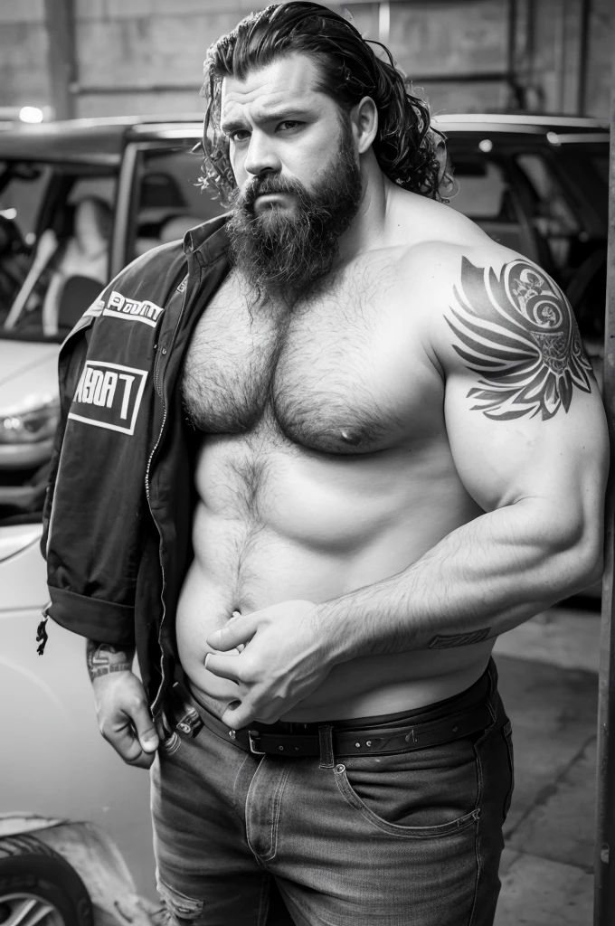 photography of a dirty burly beefy gipsy manly man serious repairing a car, , 36 years old, beefy, ugly , dirty curly hair, sweat, tattoo, with completely broken cotton pants, big cock, beard , angry eyes, bare-chested, huge belly, in industrial area, photorealistic, side light, view angle from low , ambient occlusion