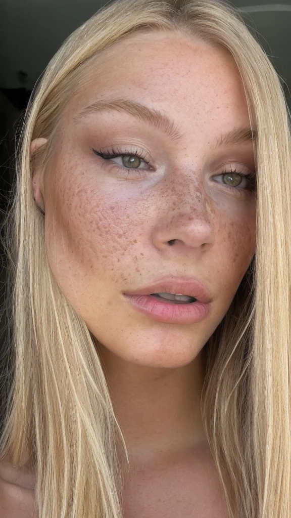 raw photo, (18 year old blonde: 1,2), makeup, graphic eyeliner, realistic skin texture, freckles, cozy atmosphere, instagram style
