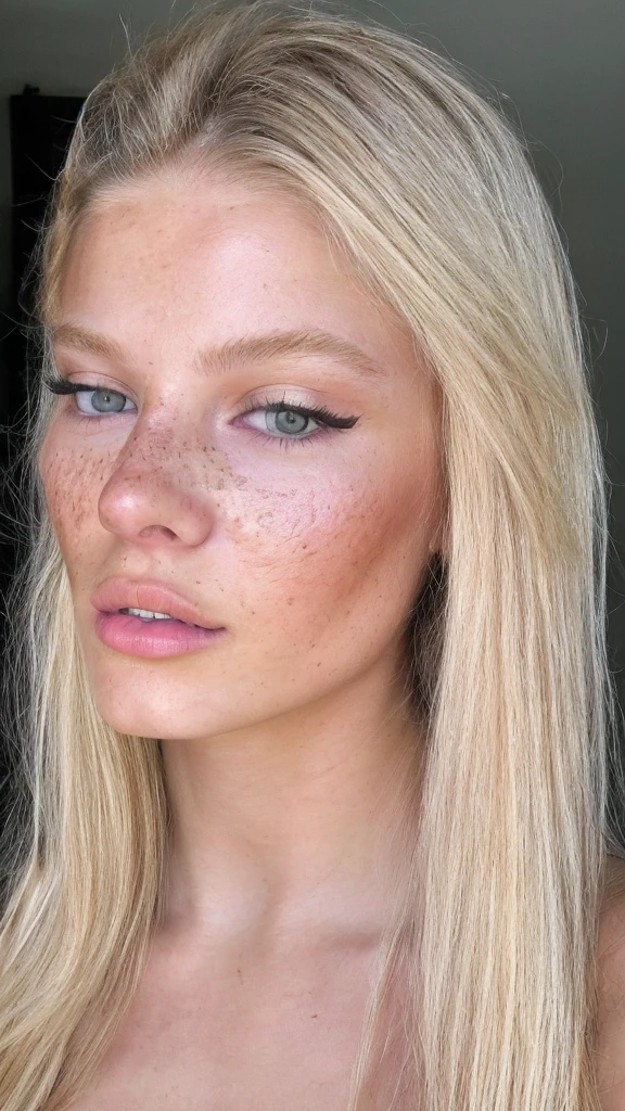 raw photo, (18 year old blonde: 1,2), makeup, graphic eyeliner, realistic skin texture, freckles, cozy atmosphere, instagram style