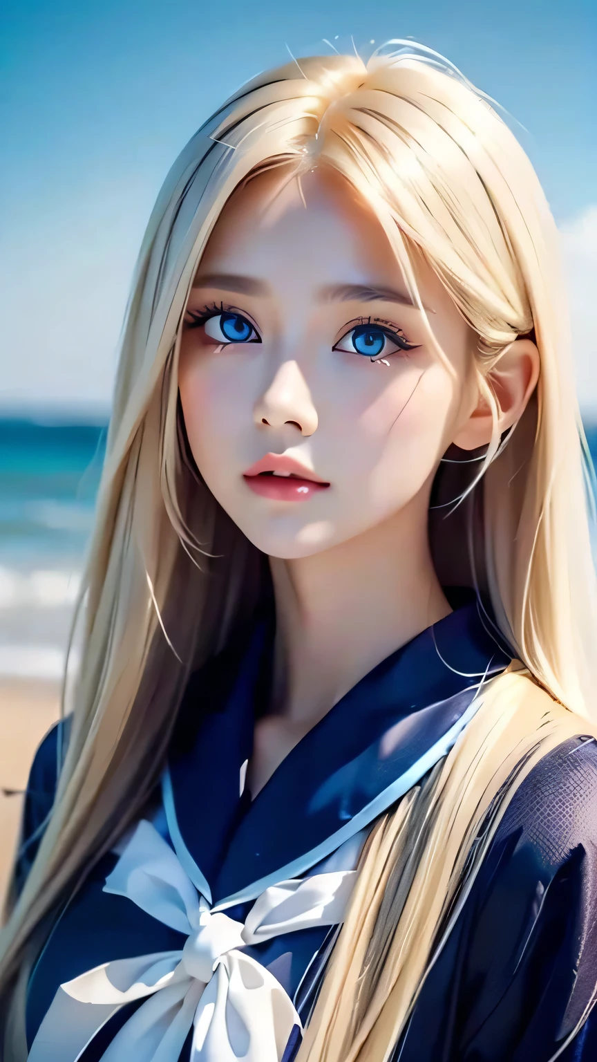 Beautiful girl with a pretty face、beautiful blonde straight super long hair、Half Body Shot、Beautiful long bangs hanging over the face、Very beautiful, bright, pale sky blue eyes、Very big eyes、Blonde hair between the eyes、Round face、Blonde hair above the eyes、片Blonde hair above the eyes、、Sailor suit、Very white and young skin、Cheek gloss、Cheek highlighter、Small Face Beauty