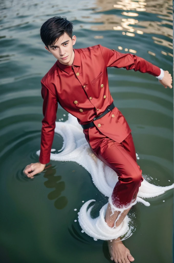 A man in a red gold microsuit stood in the water., Photo by Alexey Venetsianov, shutter stock, Fine Arts, Artem, In the lake, model, Tall, handsome, athletic young man, In the lake, In the style of Kirill Kotachev, body in water, Perfect and proportionate body, Artem chebokha