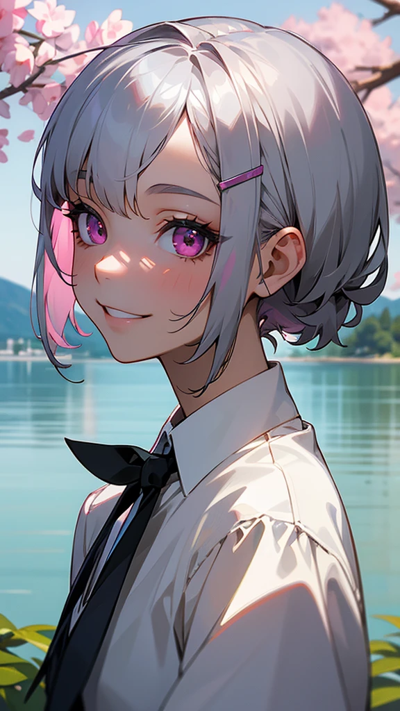 (Highest quality,masterpiece,Surreal), (Professional photography:1.2), 1 e person, Silver short hair and bob hair、Tie your hair up with a hair clip、Pink Eyes、Grin、profile、Upper body close-up、Cafe next to the lake