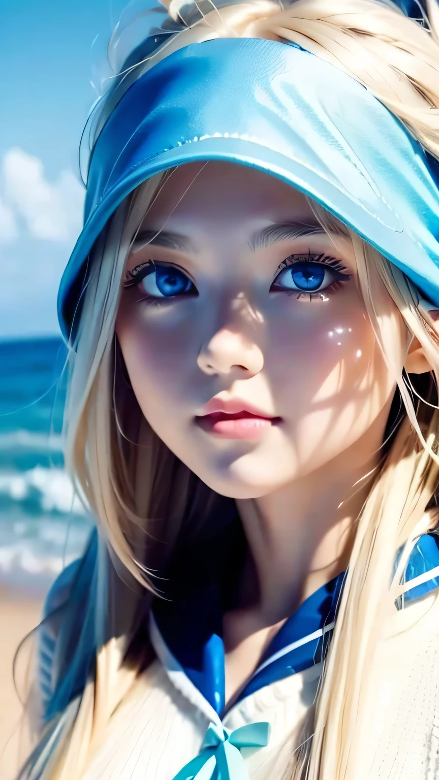 Beautiful girl with a pretty face、beautiful blonde straight super long hair、Half Body Shot、Beautiful long bangs hanging over the face、Very beautiful, bright, pale sky blue eyes、Very big eyes、Blonde hair between the eyes、Round face、Blonde hair above the eyes、片Blonde hair above the eyes、、Sailor suit、Very white and young skin、Cheek gloss、Cheek highlighter、Small Face Beauty