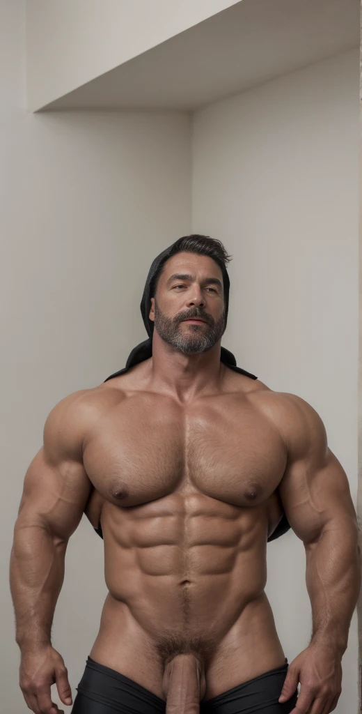 1boy, solo, facial hair, male focus, flaccid penis, pectorals, bara, muscular, mature male, muscular male, abs, beard, nipples, short hair, navel, stomach, large pectorals, thick eyebrows, bare pectorals, dark-skinned male, erection, thighs, erection, chav hood, dark skin, open clothes, hood, grey bodysuit, pectoral cleavage, cowboy shot, feet out of frame, thick thighs, looking at viewer, biker costume, masterpiece, 4k, high quality, highres, absurdres,