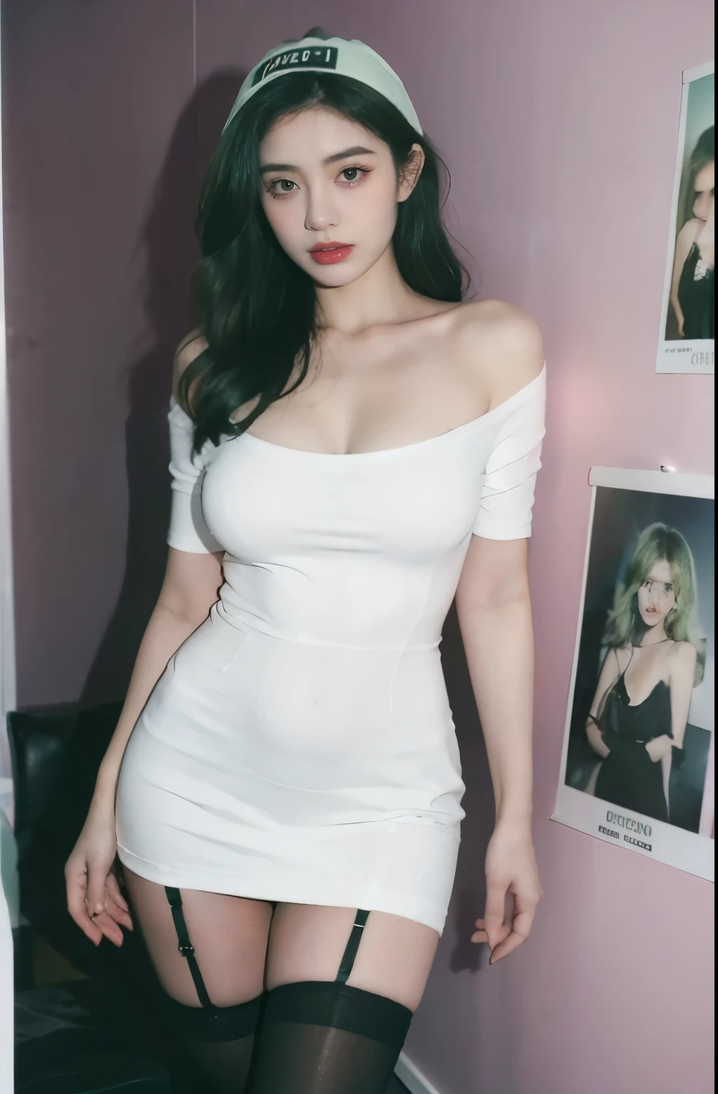 21yo girl, green hair, (bob Hair). Wearing white oversize tshirt, show shoulders, cleavage, natural big breast, show big thigh, plump body, standing pose, (wearing black stocking, garter). Dark background. Magenta Polaroid. Retro. the walls are covered with retro posters. Flash light effect.