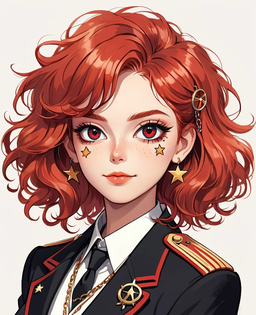 (Digital Illustration,Comic Style,Retro,Detailed anime style girl portrait,Solitary,symmetry),(Big colorful eyes,Fashionable and exquisite facial features,Exquisite makeup,Sweet smile,Star symbol mark on cheek,Soulful gaze,),(Red fluffy hair,Hairpin),(Black suit,Epaulettes-Chain,cool,),Clean and simple white background,(((Correct human anatomy)))