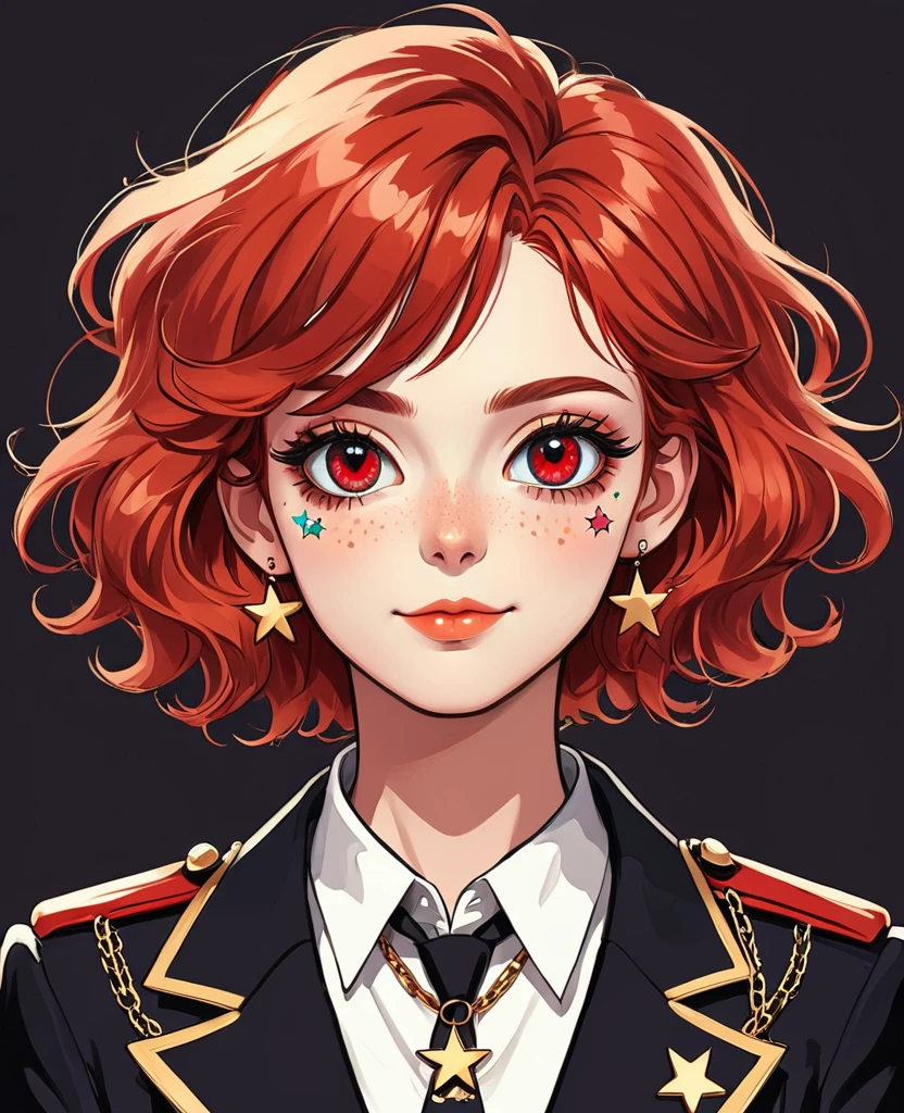 (Digital Illustration，Comic Style，Retro，Detailed anime style girl portrait，Solitary，symmetry)，(Big colorful eyes，Fashionable and exquisite facial features，Exquisite makeup，Sweet smile，Star symbol mark on cheek，Soulful gaze，)，(Red fluffy hair，Hairpin)，(Black suit，Epaulettes-Chain，cool，)，Clean and simple white background，(((Correct human anatomy)))