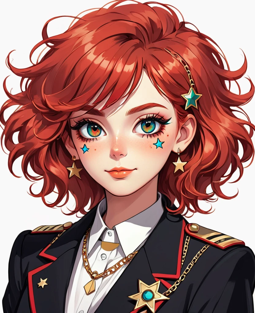 (Digital Illustration,Comic Style,Retro,Detailed anime style girl portrait,Solitary,symmetry),(Big colorful eyes,Fashionable and exquisite facial features,Exquisite makeup,Sweet smile,Star symbol mark on cheek,Soulful gaze,),(Red fluffy hair,Hairpin),(Black suit,Epaulettes-Chain,cool,),Clean and simple white background,(((Correct human anatomy)))