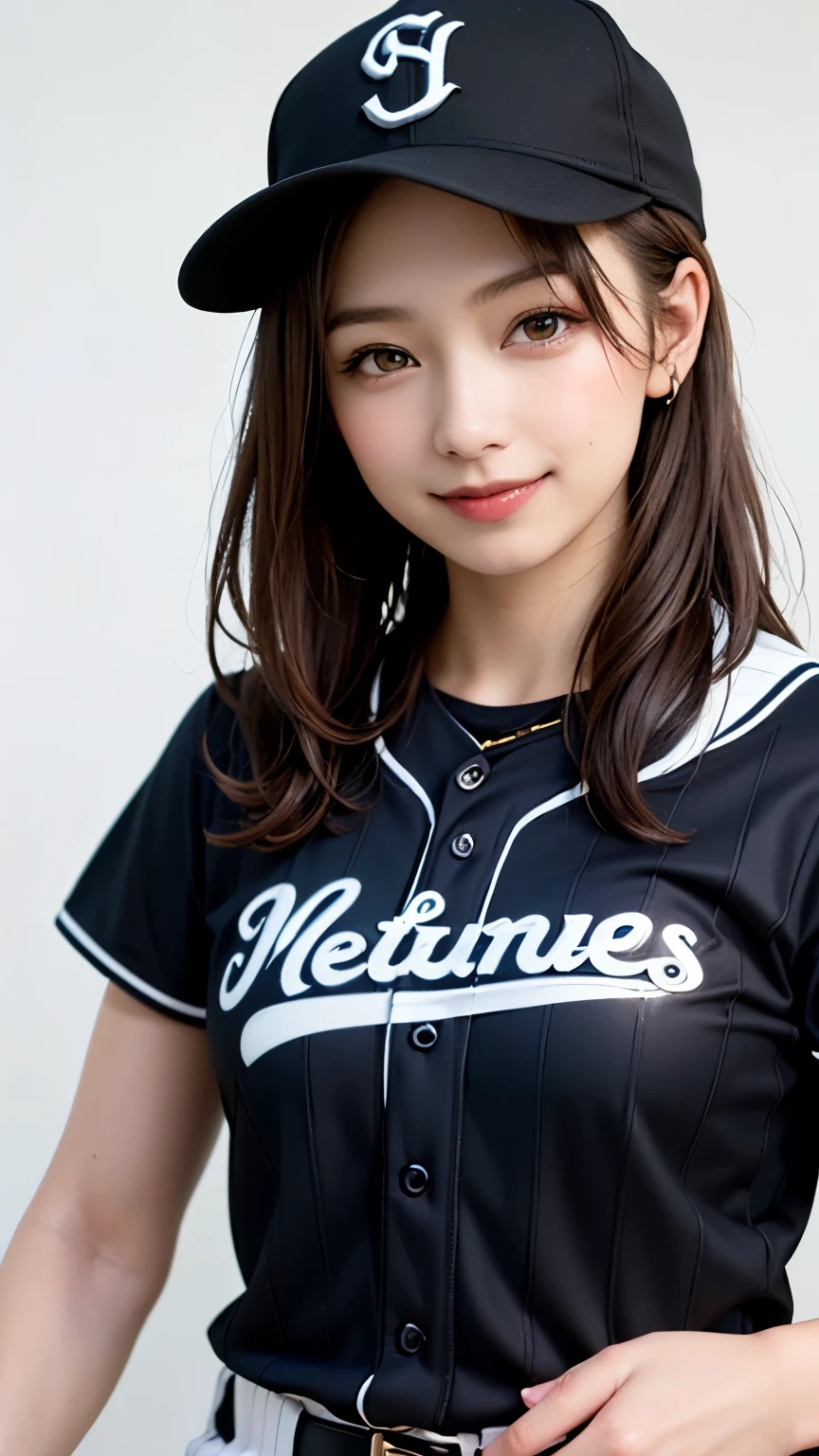 (Highest quality、8k、32K、masterpiece)、(Realistic)、(Realistic:1.2)、(High resolution)、Very detailed、Very beautiful face and eyes、1 Girl、Round and small face、Tight waist、(close、Highest quality、Attention to detail、Rich skin detail)、(Highest quality、8k、Oil paints:1.2)、(Realistic、Realistic:1.37)、Bright colors、(((Brown Hair)))、(((Upper Body Shot)))、(((Medium Hair)))、(((White wall background)))、(((Fun Expressions)))、(((Baseball uniforms)))、(((Black and white uniform)))、(((smile)))、(((Medium Hair、Baseball cap)))、Black Uniform