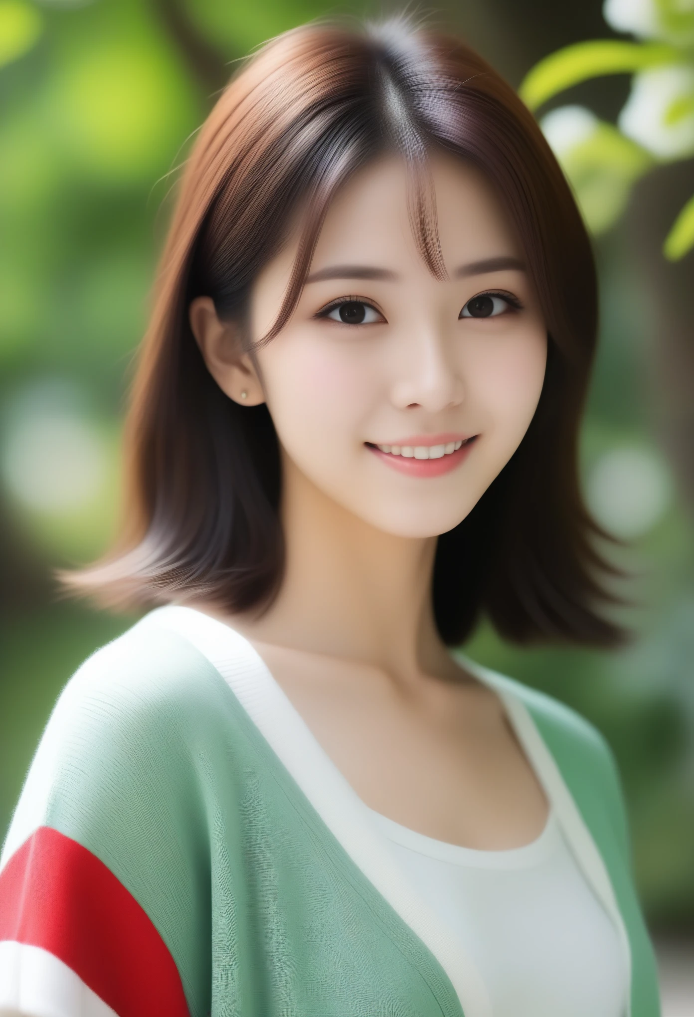 8k, Ultra-high resolution, Highest quality, masterpiece, 三分割法によるphotograph,Surreal, photograph, 1 girl, (16 years old:1.3), pretty girl, Cute face, Beautiful eyes in every detail, 細かくdetailedに,masterpiece,, One Girl:1.2, Japan Female Announcer,whole body,Young Wife,Urban area,street tree,green,White collared shirt,Red summer knit cardigan,Pencil Skirt、Full of cleanliness,A carefree smile,Healing the heart,Short Bob,Looking at the audience、beauty,Long neck、Laugh a little、Please close your mouth and laugh、(((Ideal body type))),A-cup small breasts :2,、Portraiture:2、Perfect Anatomy、鮮明なdetailed、detailed、Surreal、Light and shadow,Strong light 