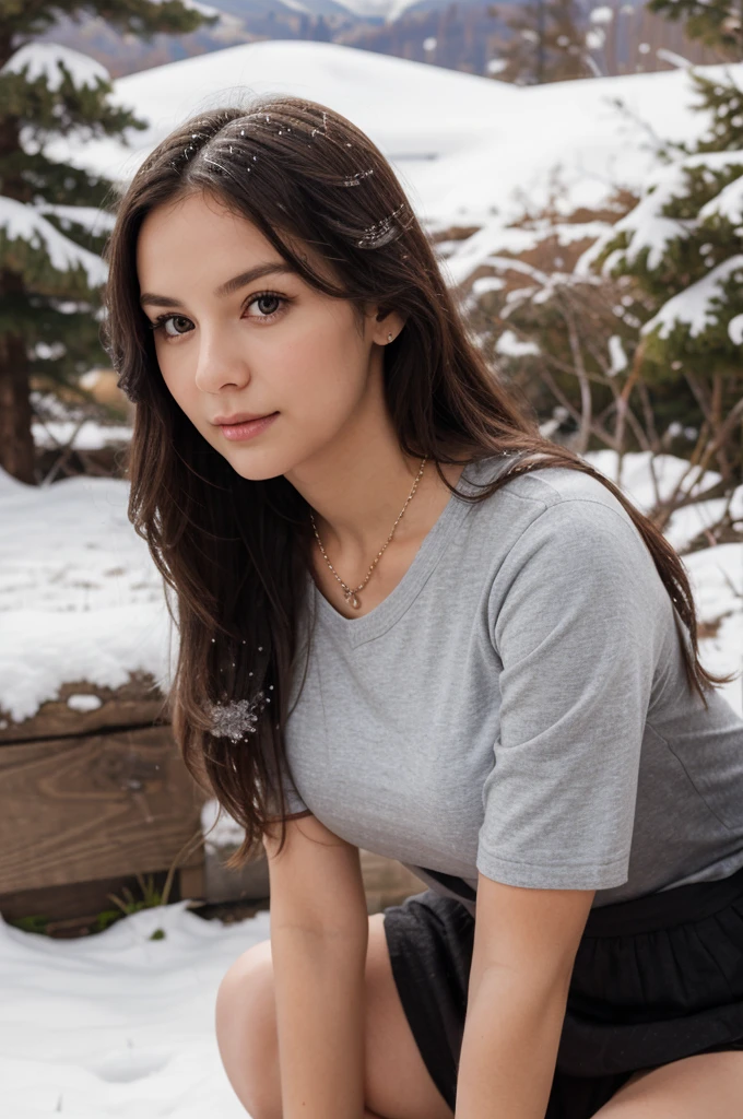 1girl in, 30 years old, Square face, Long hair, Looking at viewer, jewelry, Reality, Sexy, student clothes , Snowy mountain backdrop , lying position