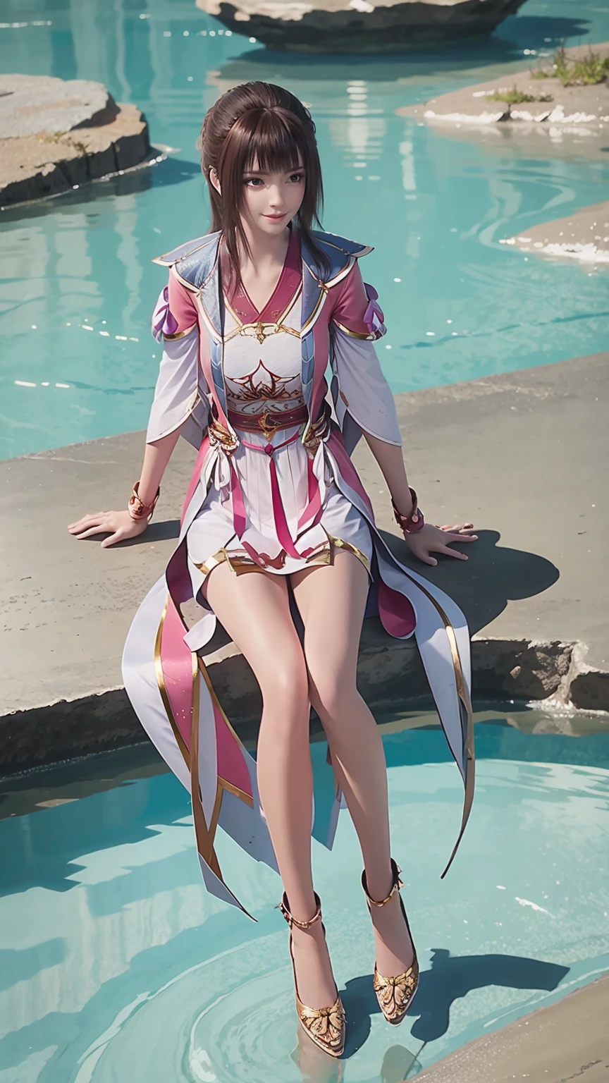 一个穿着连衣裙的女孩躺在Starry Sky下的床上，Exquisite smile，Beautiful and delicate eyes，Beautiful and delicate lips，Extremely detailed face and eyes，Long eyelashes，Full body，Flowing hair，belly button，best quality，excellent work，Super，(Reality:1.4)，RAW photos，(Beautiful face:1.2)，(Lying on the water:1.5)，1 girl，(absurd)，(8K)， (4K)，Octane Rendering，Starry Sky，((Full body view))，Wear crystal high heels，Cross-legged