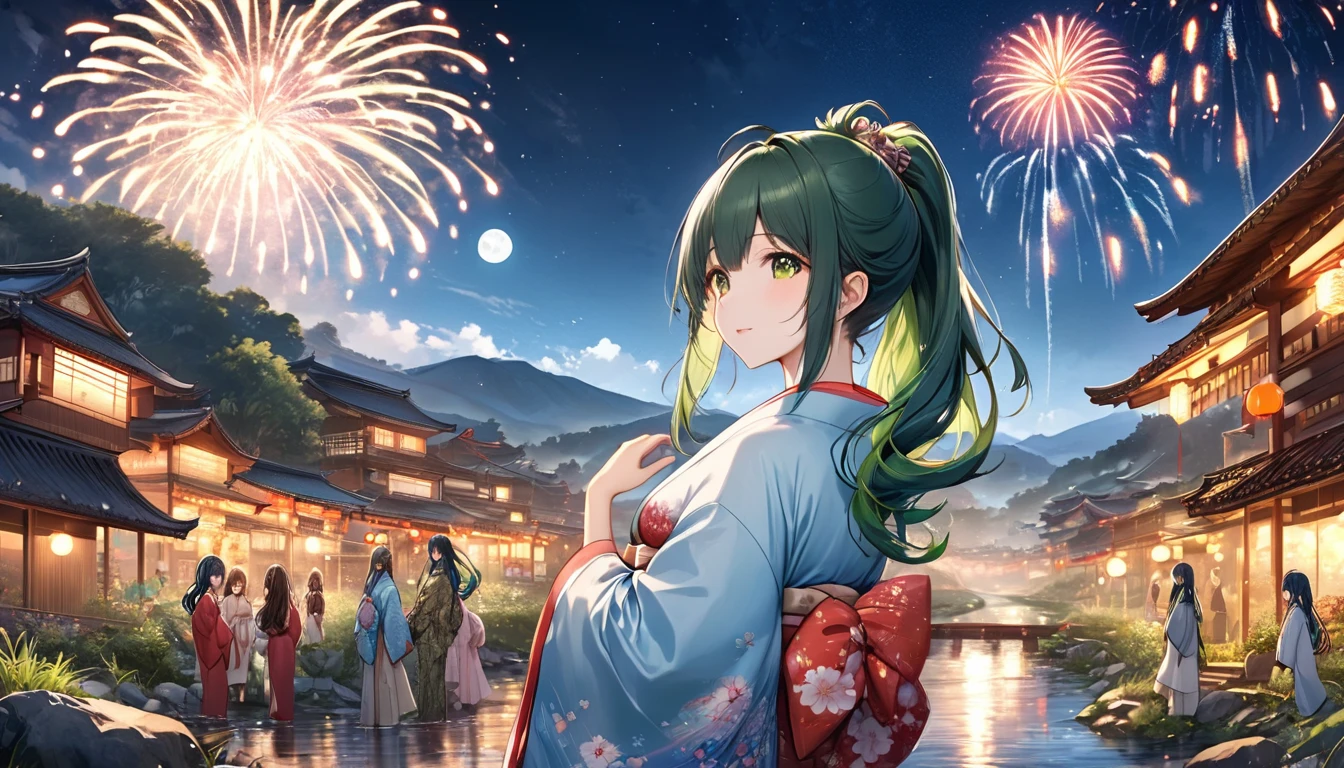 panoramic (in the night Countryside Tian Ying), (detailed background is Beautiful stream, full moon and many detailed fireworks), (back style 8 girls, in a kimono), (1 blue long hair, 1 silver long hair, 1, ponytail green hair, 1 brown bob short hair, 1 brown long hair, 3 black long hair), BREAK, perfect anatomy, masterpiece, best quality, 16k, beautiful detailed grow, daydreaming expression.