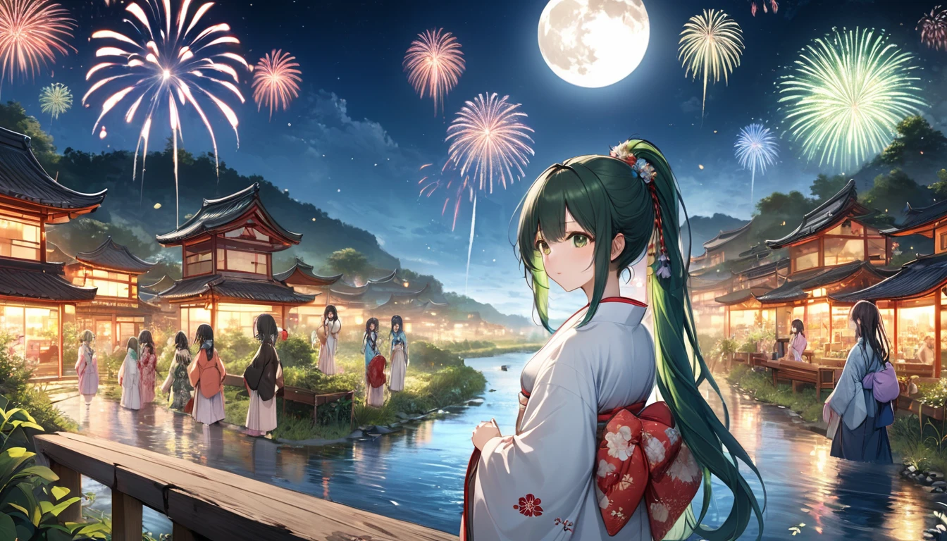 panoramic (in the night Countryside Tian Ying), (detailed background is Beautiful stream, full moon and many detailed fireworks), (back style 8 girls, in a kimono), (1 blue long hair, 1 silver long hair, 1, ponytail green hair, 1 brown bob short hair, 1 brown long hair, 3 black long hair), BREAK, perfect anatomy, masterpiece, best quality, 16k, beautiful detailed grow, daydreaming expression.