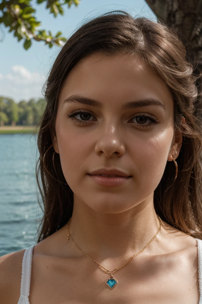 1girl in, 30 years old, Square face, Long hair, Looking at viewer, jewelry, Reality, Sexy, student clothes , Lake backdrop , resting position