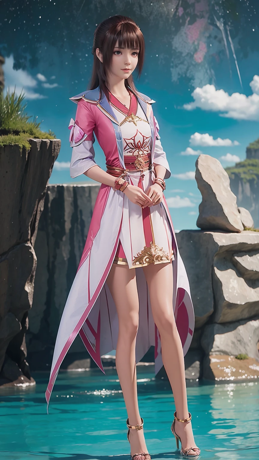 ((Biologically correct number of limbs))、(( Full body image(Including the face)))、4k、masterpiece、((Focus on the face))、((Symmetrical facial features))、The eyes are described in detail、Beautiful woman、Outstanding style、Beautiful arms、Beautiful legs、beautiful hands、(slim)、Facial details、Small earrings、necklace、(white shiny、Shiny dress、High heel、radiant skin)Smile、(Beautiful legsのアップ)、Sweat,Starry Sky,Starry Sky背景,Deep View,above water
