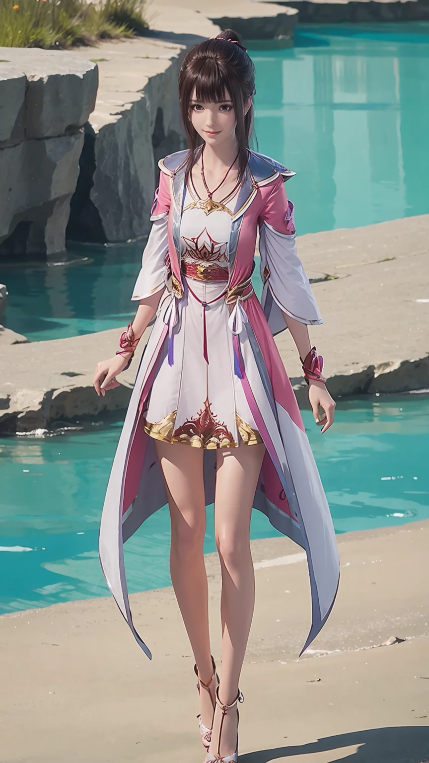((Biologically correct number of limbs))、(( Full body image(Including the face)))、4k、masterpiece、((Focus on the face))、((Symmetrical facial features))、The eyes are described in detail、Beautiful woman、Outstanding style、Beautiful arms、Beautiful legs、beautiful hands、(slim)、Facial details、Small earrings、necklace、(white shiny、Shiny dress、High heel、radiant skin)Smile、(Beautiful legsのアップ)、Sweat,Starry Sky,Starry Sky背景,Deep View,above water