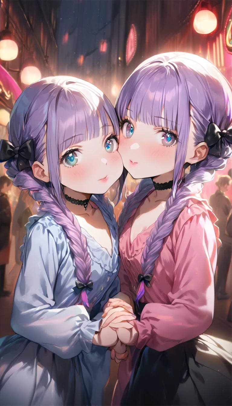 ( 2girls:1.5), (Twin girls, the same face, the same hairstyle, the same eyes, symmetrical posture, cheek-to-cheek,holding hands:1.5).2girls with closs hair pin,pale purple hair,wavy two braids,blunt bangs hair,green and black eyes,girls are wearing
pink shirt,cosplay, jirai kei, bangs, black skirt, black bow, looking at viewer, bow, long sleeves, choker, ribbon,pink lips, :1.4), (masterpiece:1.3), anime visual, (Lovey-dovey:1.5), (tilt head:1.3), extremely delicate face, soft clean focus, realistic lighting and shading, (an extremely delicate and beautiful art:1.3), elegant, (muted colors:1.1), small breast,slim,The Moulin Rouge in Paris, mysterious pink light, a slightly dark room,,smiling,night lit,