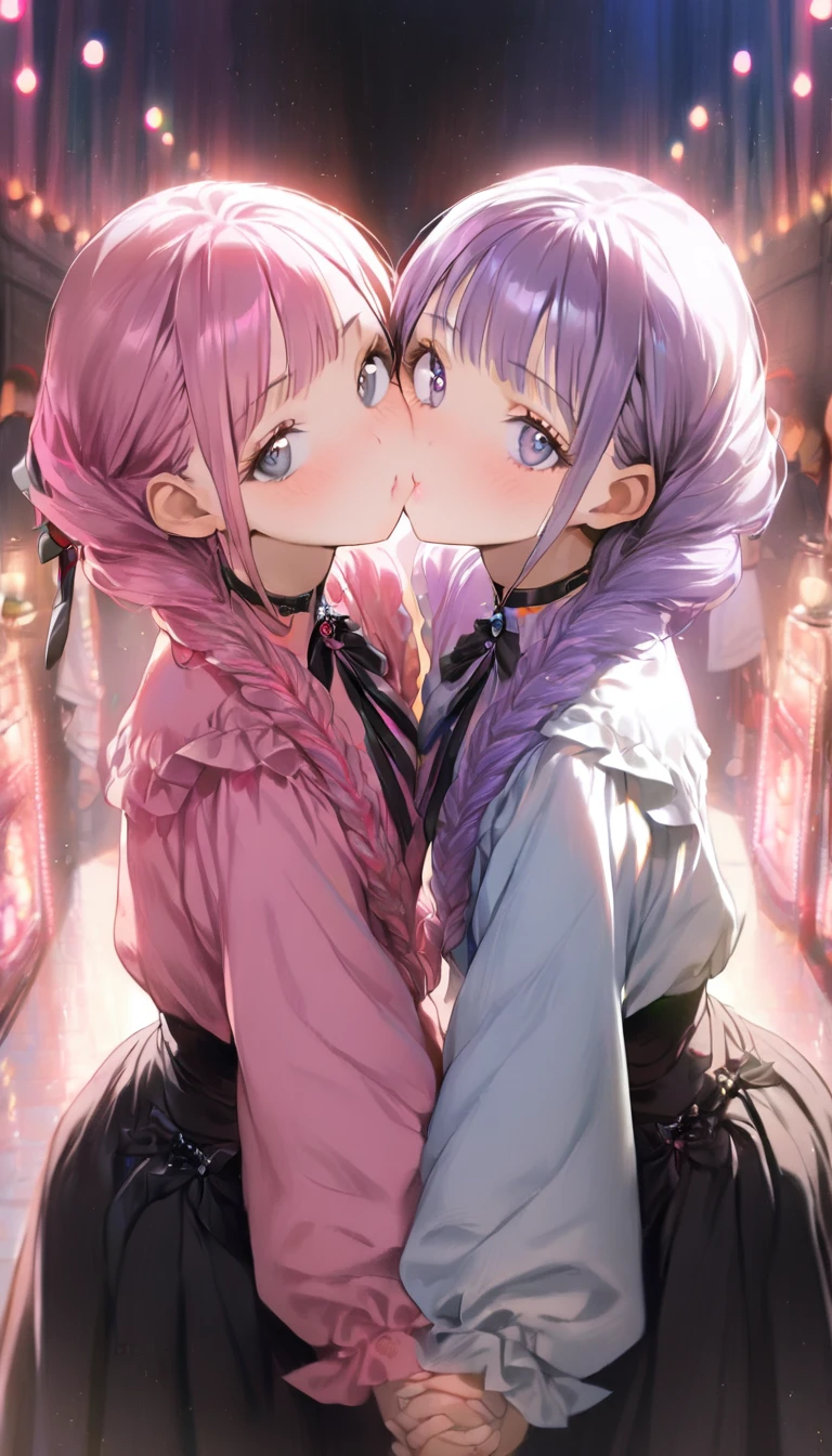 ( 2girls:1.5), (Twin girls, the same face, the same hairstyle, the same eyes, symmetrical posture, cheek-to-cheek,holding hands:1.5).2girls with closs hair pin,pale purple hair,wavy two braids,blunt bangs hair,green and black eyes,girls are wearing
pink shirt,cosplay, jirai kei, bangs, black skirt, black bow, looking at viewer, bow, long sleeves, choker, ribbon,pink lips, :1.4), (masterpiece:1.3), anime visual, (Lovey-dovey:1.5), (tilt head:1.3), extremely delicate face, soft clean focus, realistic lighting and shading, (an extremely delicate and beautiful art:1.3), elegant, (muted colors:1.1), small breast,slim,The Moulin Rouge in Paris, mysterious pink light, a slightly dark room,,smiling,night lit,