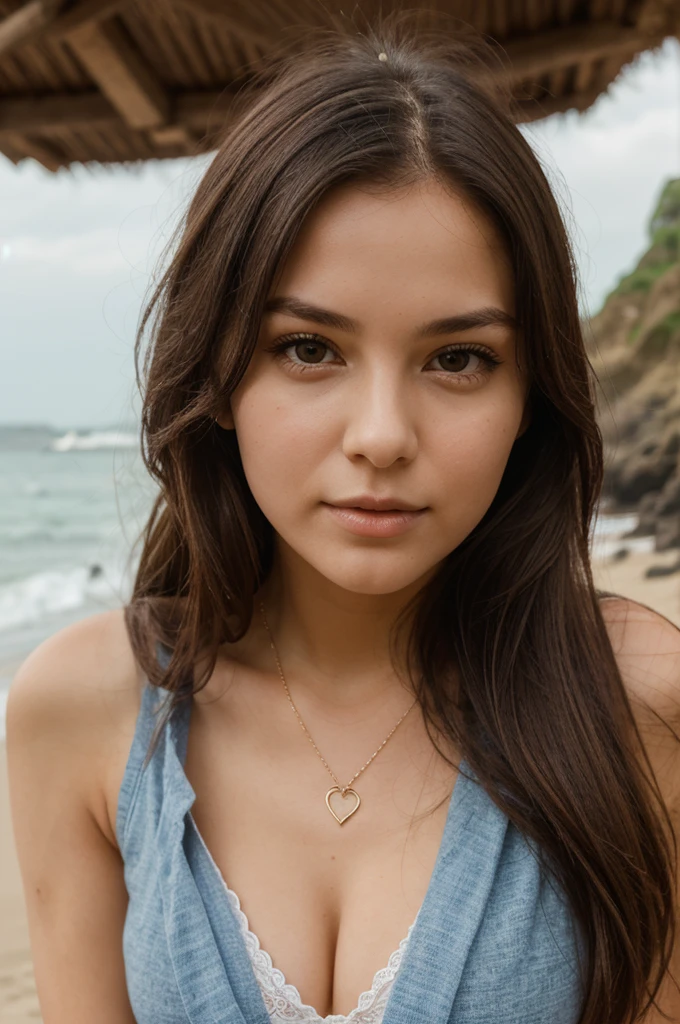1girl in, 30 years old, Square face, Long hair, Looking at viewer, jewelry, Reality, Sexy, student clothes ,Background of rocky beach on the beach , resting position