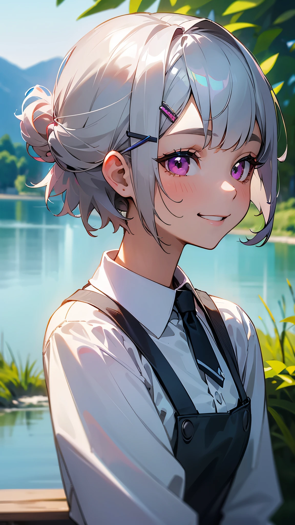 （Highest quality，masterpiece，Surreal）, (Professional photography:1.2), 1 Girl、One person, Silver short hair and bob hair、Tie your hair up with a hair clip、Pink Eyes、Grin、profile、Upper body close-up、Cafe next to the lake