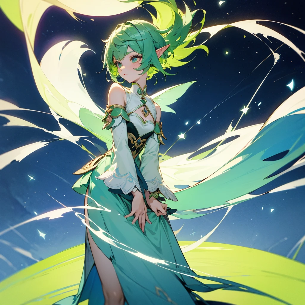 Pretty, beautiful, elf girl, elf, green hair, short hair, pretty hair, beautiful body, genshin impact design, fashion, fashion design, genshin impact, video game, full body, pretty face, starry clothes.