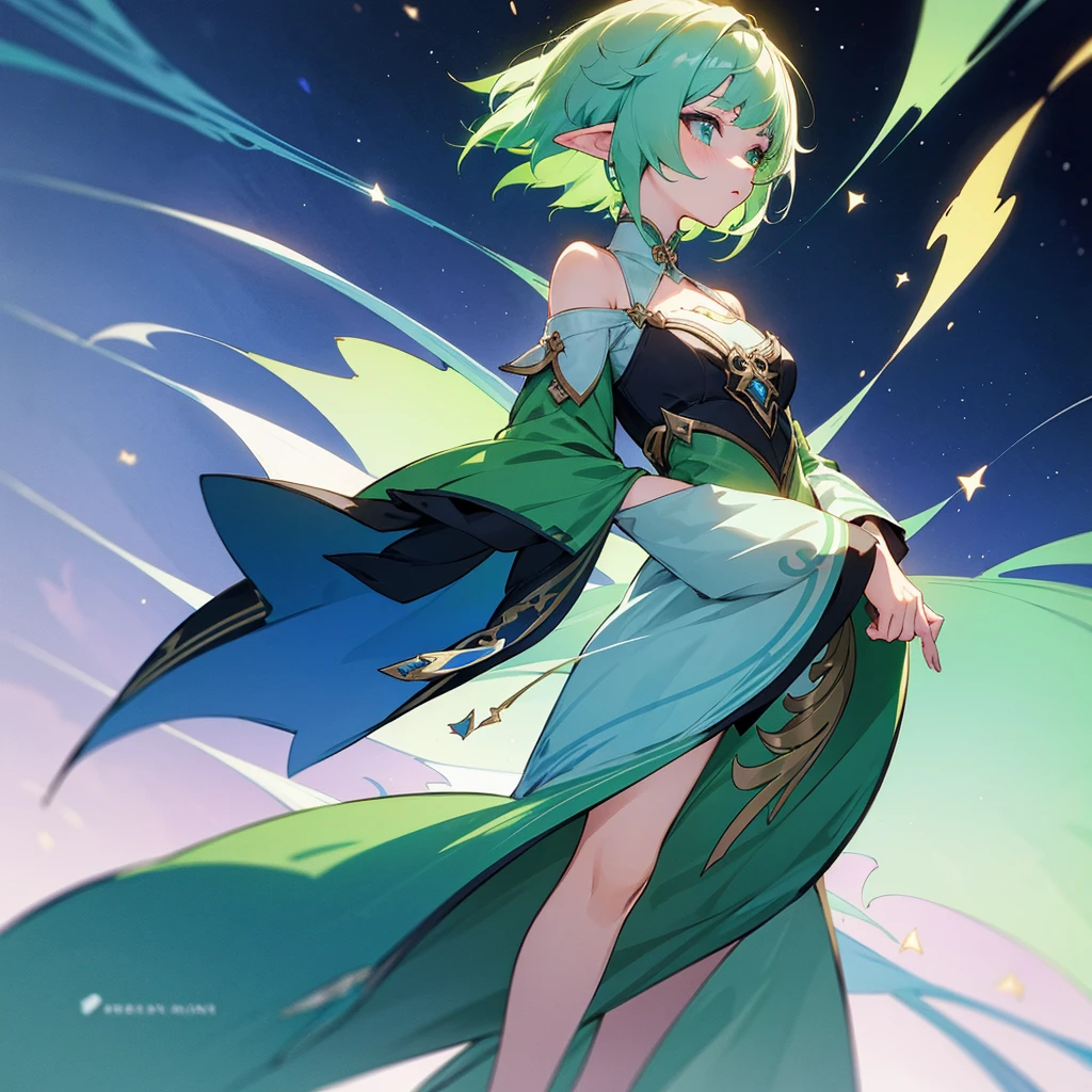 Pretty, beautiful, elf girl, elf, green hair, short hair, pretty hair, beautiful body, genshin impact design, fashion, fashion design, genshin impact, video game, full body, pretty face, starry clothes.