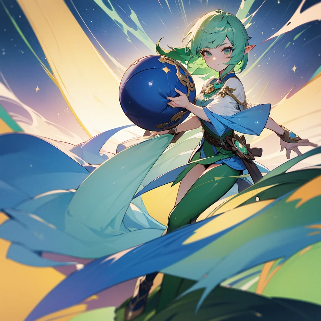 Pretty, beautiful, elf girl, elf, green hair, short hair, pretty hair, beautiful body, genshin impact design, fashion, fashion design, genshin impact, video game, full body, pretty face, starry clothes.